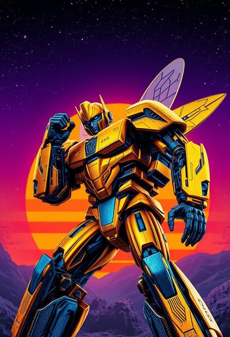 gold and blue Bumblebee transformer action photograph with a purple sky, cosmic stars, an orange and blue synthwave sun background. Slightly turned. Damascus steel. Ultra-detailed. Hyper-realistic.