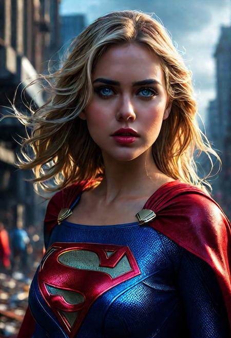 High resolution ultra-realistic of Beautiful bloody Supergirl fighting against alien invasion, cinematic style, standing on a bloody and stormy battle in a destroyed city in a fighting pose, bloody and dirty, realistic blue combat costume, red mini skirt, red cape, perfect athletic figure, wavy blonde hair, handsome bloody face, beautiful perfect detailed pupils, wet oily shiny skin, covered in dirty and blood, beautiful firm Breasts, defiant and seductive, attractive 21 year old Supergirl, 8k resolution concept art portrait by Greg Rutkowski, Kiernan Shipka, Dark Gotham City, Artgerm, WLOP, Alphonse Mucha, dynamic lighting, hyperdetailed, intricately detailed, Splash art trending on Artstation triadic colors, Unreal Engine, 5 volumetric lighting, Cinematic Lighting, intricate, smooth, sharp focus digital painting, Asymmetrical Balance, realistic eyes, ultra detailed atmospheric details, sparkle effects, realistic body proportions, beautiful body Supergirl proportions, complex masterpiece, dramatic atmosphere