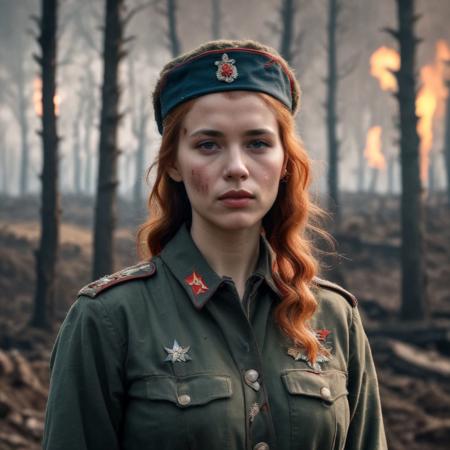 Beautiful Soviet woman soldier in WWII style, Intricately Designed Soviet brown military uniform, ultra-realistic body, realistic dirty face, bloody battle full of dirt and blood, fighting position, wavy red hair, Realistic blue eyes, big beautiful pupils, 8K, fire, dramatic war atmosphere, cinematic lighting, a stark scene from the heat of battle
