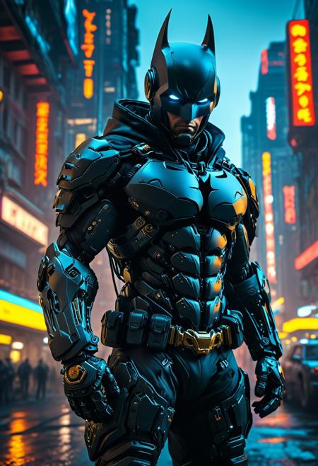 A stunning masterpiece featuring a full-body shot of Batman, captured through intricate raw photography. Set in a cyberpunk-inspired, highly detailed 3D rendering, the image showcases top-quality, ultra-high-resolution detail. The composition features a cowboy-themed photo with a photorealistic (1.4) finish, a raw photo, and official art. A close-up of a character with a complex background, the image has a surreal, atmospheric, and sinister quality.
The scene is set against the backdrop of a cyberpunk city with neon street lights, creating an Insta-worthy, Photo of the Year-worthy shot. The advanced cyber helmet, mecha, robot, armor, and mechanical arms of the figure, all set within an exo-suit, elevate the science fiction theme. The character's clothing is worn and asymmetrical, with a tactical oversized black hoodie, advanced black helmet with a HUD, and black techwear cargo pants. The figure's aggressive pose is accentuated by punk-rock, rebellious, and futuristic styling.
The image is further enhanced by high-tech weapons, vibrant colors, and sharp focus on the central figure, showcasing an advanced, aggressive, and precise style. The image incorporates realistic visual effects, realistic Octane render, and dramatic lights and shadows for a cinematic, sci-fi scene reminiscent of synthwave.