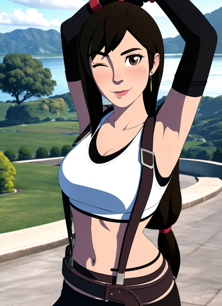 aaravos <lora:dragon_prince_aaravos_offset:1.2>, tifa lockhart <lora:tifa_lockhart_offset:0.7>, 1girl, thick lips, arm up, armpits, artist name, belt, black hair, breasts, brown eyes, cleavage, closed mouth, collarbone, cowboy shot, crop top, earrings, elbow gloves, elbow pads, gloves, jewelry, large breasts, lips, long hair, low-tied long hair, midriff, navel, one eye closed, outdoors, skirt, smile, solo, stomach, suspenders, tank top, upper body, ((masterpiece)), cgi, 3d