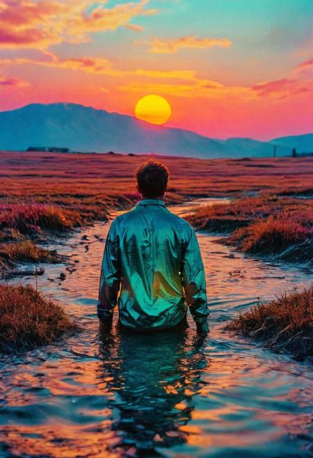 Close up of a man seen from behind looking the rising sun in a landscape of flooded plain at dawn,  neon background, neon lights, glitch art, surrealism, high contrast, vibrant colors, , ethereal glow.  fantastical, film photography style, light grain, medium grain, heavy grain