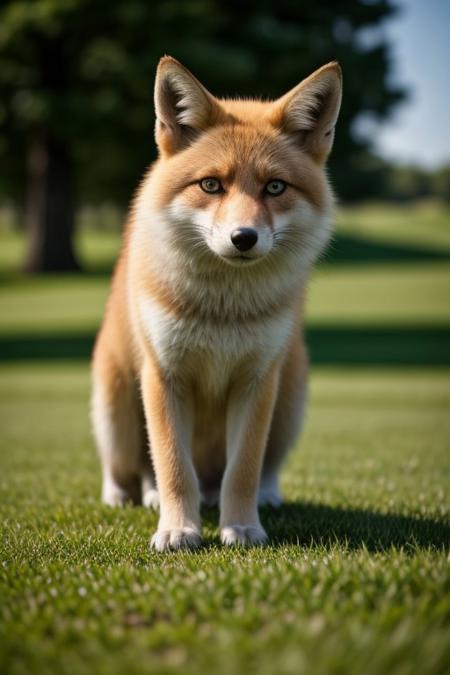 realitic photo stle,highly detailed herbs golf ambiance, a title screen of a computer game called "Super Fox Golf Challenge". A blue eyes fox wirh realistic fur playing golf is pictured. and below that there green ball club play golf highly detailed herbs. Tilt shift effect focus