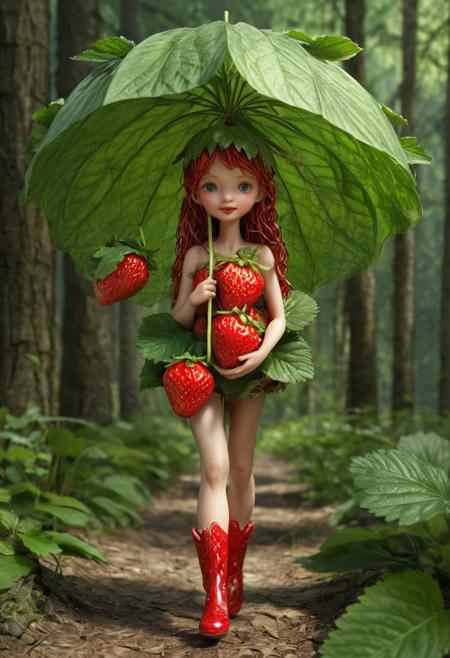 Strawberry in the form of women walk along the path of a fairy tale forest. She holds an umbrella made of stems and leaves in her hand. Her head is made of one big strawberry on which she has big and beautiful eyes, as well as nose and mouth. The skin of the face has a strawberry color, that is, the facial skin consists of a strawberry texture. She has very beautiful hair which consists of small strawberry, leaves and thin stems. Her arms and legs are made entirely of intertwined stems. She also wears a skirt with strawberry leaves and small strawberry. On her feet are women's boots that consist of stems and leaves.