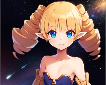 Archer, blond hair,drill hair,flat chest,pointy ears,blue eyes , standing, upper body, smiling 
ArcDres,detached sleeves,bare shoulders, strapless dress,zipper,boots,belt ,white thighhighs,
brick road, outer space,  stars, 
(insanely detailed, beautiful detailed face, masterpiece, best quality)  <lora:Archer:0.8>