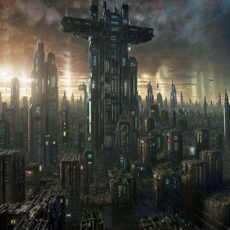 ((a cityscape view of a futuristic sci fi mega sprawling city)), ominous, dystopian city, masterpiece, 4k resolution, (flawless architecture), atmospheric, nature taking over city, <lora:nomomassive:1>