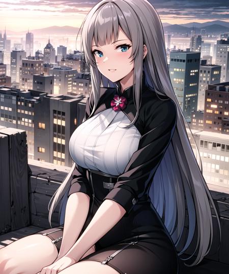 masterpiece, best quality, ultra-detailed, illustration, warm lighting, bright colors, 8K wallpaper, 1girl, solo, long hair, grown up, mature, dress, ruined city scape, ruined city in the background, looking at ruined city below, <lora:queen:0.7>