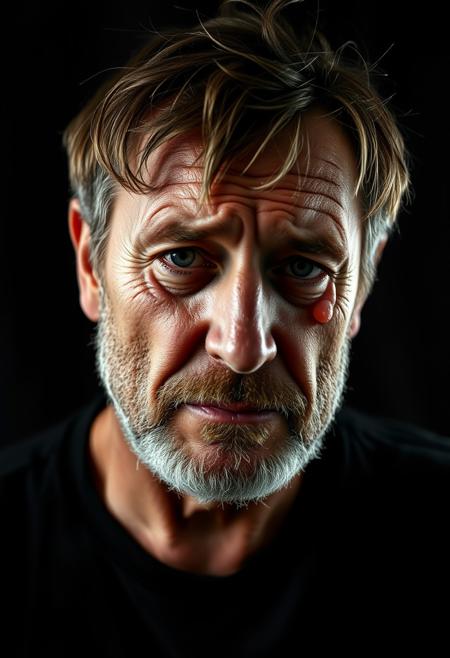 Emotional portrait photograph of a crying middle aged European man saddened by the realization of a wasted life. He looks disheveled with unkempt hair and beard stubble. He does not manage to control his despair and tear roll on his face.
The portrait is lit like a Rembrandt masterpiece with a pitch black backdrop.
A caption under the picture reads "Too ugly for OF. Wasting time on AI. Help!"