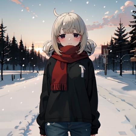 Araga Kiwi, 1girl, double bun, masterpiece, best quality, black sweater, denim pants, red scarf, snow, snowy, outdoors, forest, sunset, <lora:KiwiRelease-10:1>