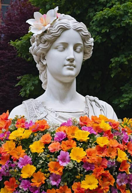 a statue of a with flowers growing within, vivid blooming petals on her neck and shoulders , floral installation on to a monumental statue figure in public space, flowers blooming over a statue, covering, enveloping, unified, merging, best quality, high quality artistic photography, detailed flowers, intricate petals