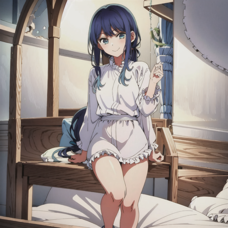 masterpiece, sidelighting,  masterpiece*portrait, lustrous skin, ((1girl, solo)), best background detail,stare,  bed room, tsundere, arousing,lewd, akane,front , ((light smile, happy)),  long hair, looking at viewer, smile, bangs, blue eyes,  shirt, bow, blue hair, white shirt, sidelocks, frills, side ponytail, ((full body))