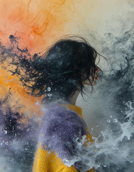windswept brunette, alabaster skin, fractured by crystalline sugar highlights, swirling inky chaos, yellow wool jumper against liquid gloss.
Impasto oil textures; molten sugar crystallizes on her collarbone. mist clings to her silhouette, dissolving into fractal patterns.
Suspended ink droplets — crushed lavender-red streaks.
Bruise-toned gradients clash with ethereal pastels, depth amplified by anamorphic lens distortion. volatile metamorphosis.

