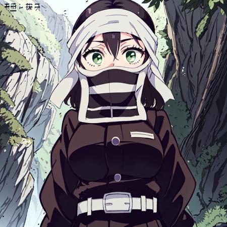 <lora:Kakushi_Girl-10:1>outdoor,forest,high quality,Masterpeace,Kakushi_Girl, 1girl, solo, black hair, green eyes, belt, horizontal stripes mask, black and white mask, white belt, demon slayer uniform,bandana,short hair