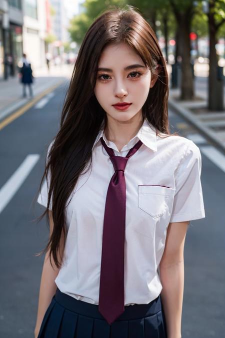 masterpiece,best quality,1girl,upper body,looking at viewer, standing,
school uniform, necktie, red tie,
brown hair, long hair,small breasts, 
ginza,simple background, outdoors,street, 
<lora:jingyi:0.5>