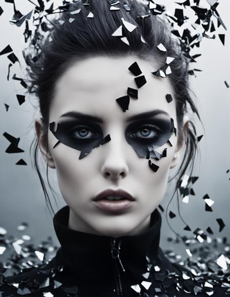 edgy composition, photo by Noell Oszvald of attractive girl wearing punk outfit provoking,  Smokey eyes, Made_of_pieces_broken_glass, 