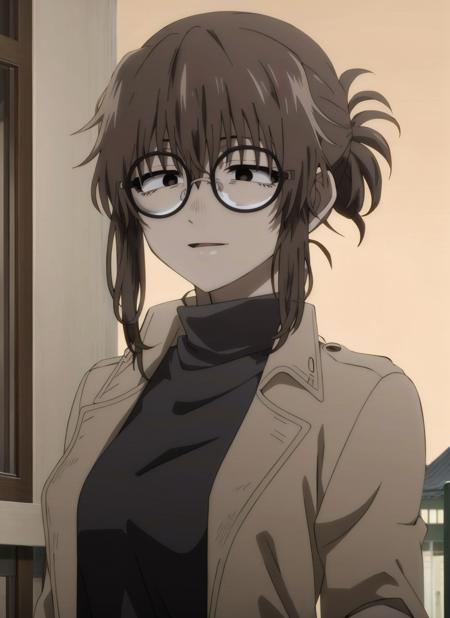 masterpiece, best quality, high quality, 1girl, solo, <lora:uguisuAnkoYofukashiNo_v10:0.8>, uguisu_anko, glasses, round eyewear, brown hair, folded ponytail, black eyes, turtleneck sweater, black sweater, trench coat, brown coat, open coat, portrait, outdoors, night, sepia, anime screncap