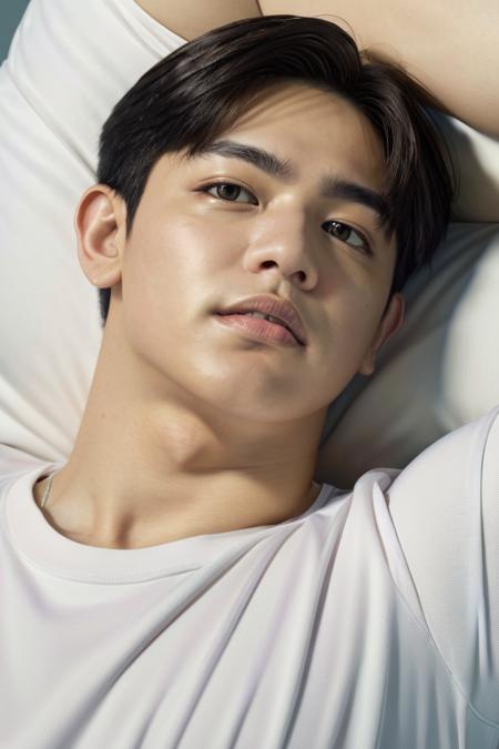 mark reyes, lying down, hunk, face, front upper body, dry fit shirt, muscular  (absurdres, highres, ultra detailed) ((masterpiece)), ((best quality:1.1)), High Resolution, 8k,1boy, best quality, masterpiece, (photorealistic:1.4), 4k, high quality, masterpiece, best quality, highres, dynamic poses, realistic, mature male, looking at viewer,  <lora:mark-reyes-09 (1):1> <lora:photorealistic02:0.3>