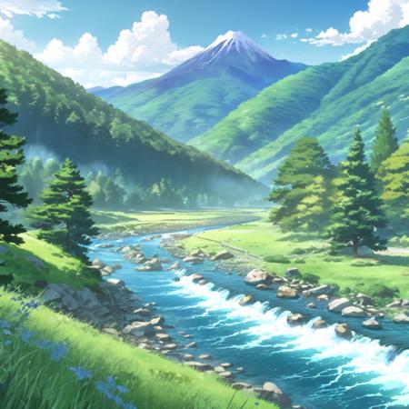 anime screencap in mnst artstyle of a mountain river landscape, hd, 4k, high-quality