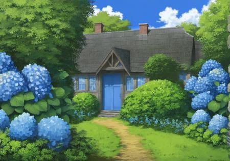 flower, no humans, scenery, tree, outdoors, house, sky, day, window, plant, blue flower, bush, building, cloud, hydrangea, purple flower, blue sky, grass, door, nature