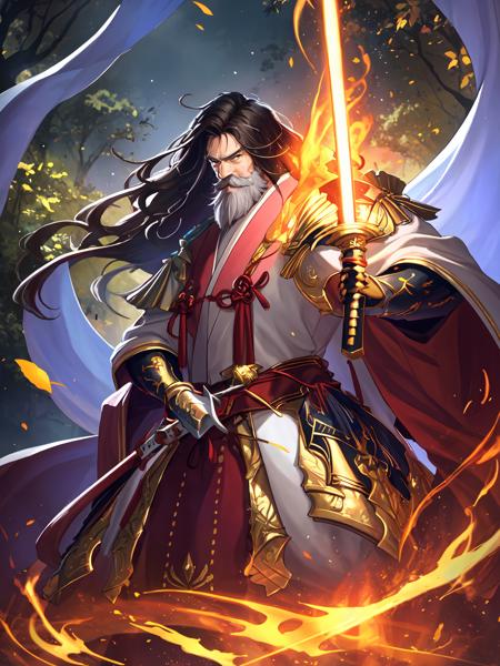 masterpiece,best quality,highres,cinematic lighting,dramatic angle,<lora:ShadowverseKagemitsuV1-000021:0.8> ,1 old man,black hair ,white beard,falling leaves,holding weapon,katana,sheath,glowing weapon,flaming weapon,japanese clothes,armor,ribbons,knots,wide sleeves,gauntlets,jewelry,grey eyes,portrait,looking at viewer,dynamic pose,dynamic angle,close-up