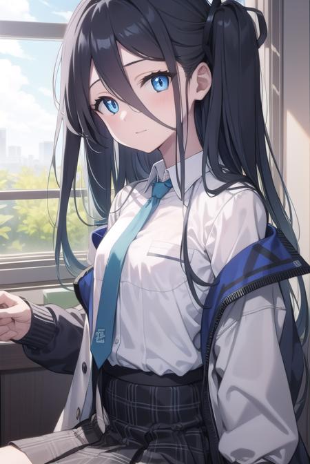 bluearchivearis, <lora:bluearchivearis-lora-nochekaiser:1>, 
aris, black hair, blue eyes, hair between eyes, halo, long hair, one side up, hair ribbon, (flat chest:1.2),
BREAK necktie, blue necktie, jacket, skirt, school uniform, white shirt, collared shirt, black skirt, white jacket, long sleeves,
BREAK looking at viewer, 
BREAK indoors, classroom,
BREAK <lyco:GoodHands-beta2:1>, (masterpiece:1.2), best quality, high resolution, unity 8k wallpaper, (illustration:0.8), (beautiful detailed eyes:1.6), extremely detailed face, perfect lighting, extremely detailed CG, (perfect hands, perfect anatomy),