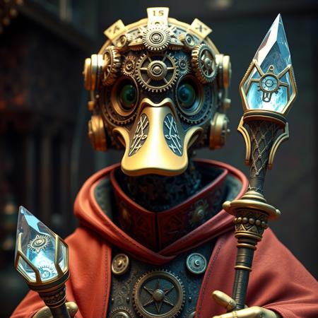 Clockwork construct of duck with face made up of intricate clockwork gears of intricate ever-changing geometric patterns, wearing arcane robes with time-related symbols, holding a crystalline time-warping staff, realistic render, Dungeons and Dragons, Fantasy, octane render, zbrush. Character design, photorealistic, unreal engine, hyper-detailed, concept art, trending on art station. ((best quality)), ((masterpiece)), ((realistic)), (detailed), close up portrait, steampunk duck, holding a crystalline time-warping staff, looking at the viewer, Fantasy art, stunning gradient colors, no watermark signature, closed mouth, detailed background, high fantasy secret cloning lab, cloning vat chamber, dark and mysterious cloning vat chamber, closed mouth, insanely detailed, , ((masterpiece)), absurdres, HDR,DonMSt34mPXL