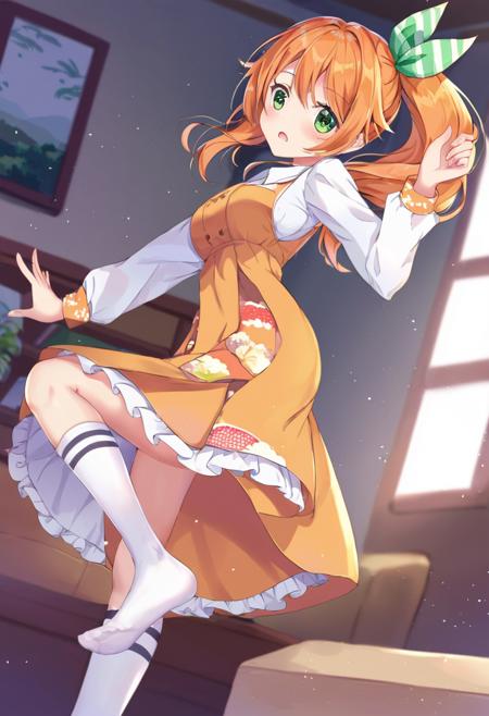 1girl,orange hair,green eyes,long hair,bow,side ponytail,bangs,hair bow,dress,shirt,long sleeves,ribbon,white shirt,hair,ribbon,orange dress,ponytail,socks,white socks,