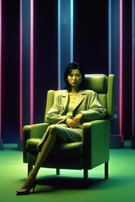 <lora:Director Wong Kar-wai style:1>Director Wong Kar-wai style - A woman sitting on an armchair, front view, full body, looking straight ahead, wearing casual clothes, elegant sitting posture,  style, fine clothes, high quality, telephoto lens, China 1990s, neon stage, Hong Kong movie, movie poster, hyperreal photography, Quixel Megascans render, film light, grey, high resolution, humanitarian photography, film lighting, photorealism