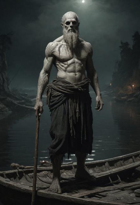 full shot of Charon from the greek underworld, standing at his boat in the Stygian lake, white clay skin texture surface, black old anf grunge clothes, at night, top light, low saturation, highly detailed,  masterful painting in the style of Anders Zorn | Marco Mazzoni | Yuri Ivanovich, Todd McFarlane, oil on canvas