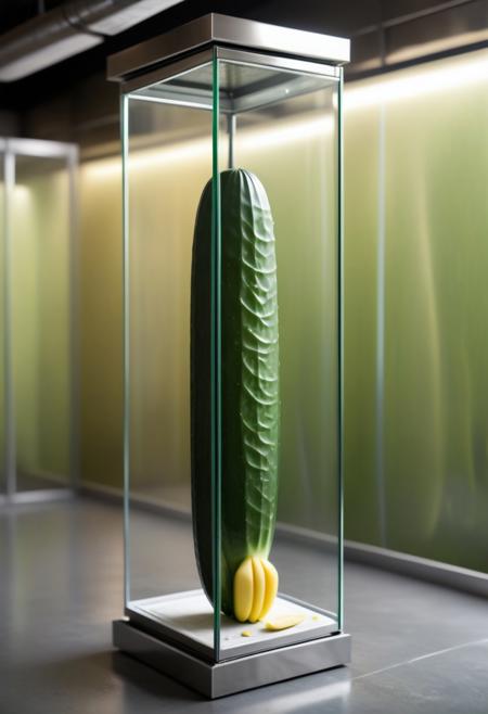 a magnificent floating {cucumber|banana} made up of Jed-Steel inside a glass case for sale inside a sex shop