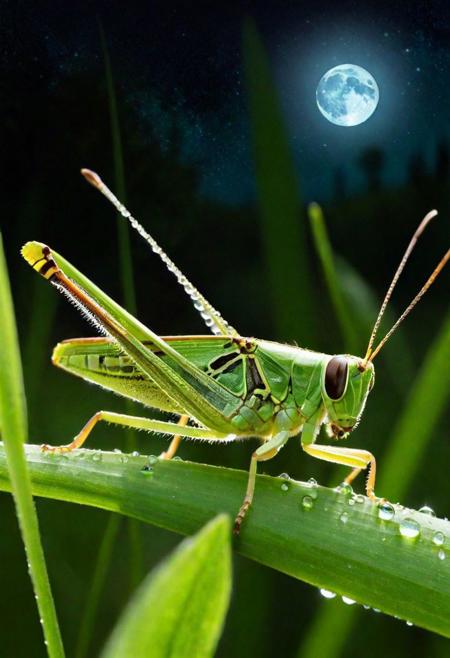Create a visually striking image of a grasshopper, set in a magical, moonlit meadow. This ultra-detailed, UHD masterpiece should capture the grasshopper perched on a blade of lush green grass. The grasshopper itself is a marvel of nature, with its vibrant green exoskeleton rendered in exquisite detail, from the delicate patterns on its wings to its expressive eyes. The moonlight casts a soft, ethereal glow on the scene, highlighting the grasshopper's form and the dewdrops on the grass, each reflecting the moon's light like tiny, sparkling gems,the meadow around the grasshopper is alive with the glow of fireflies, creating a mystical ambiance. A gentle mist hangs in the air, adding depth and a sense of mystery to the scene. The overall atmosphere should be one of enchantment and tranquility, where the grasshopper is not just an insect but a magical creature in its own right, perfectly at home in this luminous, nocturnal world.