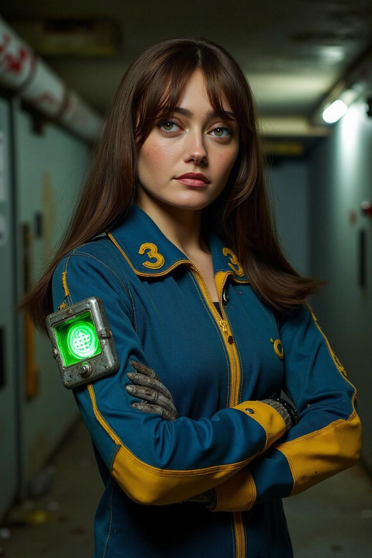 an upper body photo of ellaPurnell vault dweller from Fallout, standing confidently against the backdrop of a dilapidated vault corridor. She has long brown hair with hints of grime, and her piercing blue eyes are intense and focused. She wears a ribbed blue and yellow jumpsuit with the number '33' emblazoned in yellow on the collar of her jumpsuit. a Pip-Boy on her left arm emits soft green glow. The background shows a dimly lit, metallic vault interior with flickering lights, rusted walls, and scattered debris. The atmosphere is gritty and post-apocalyptic