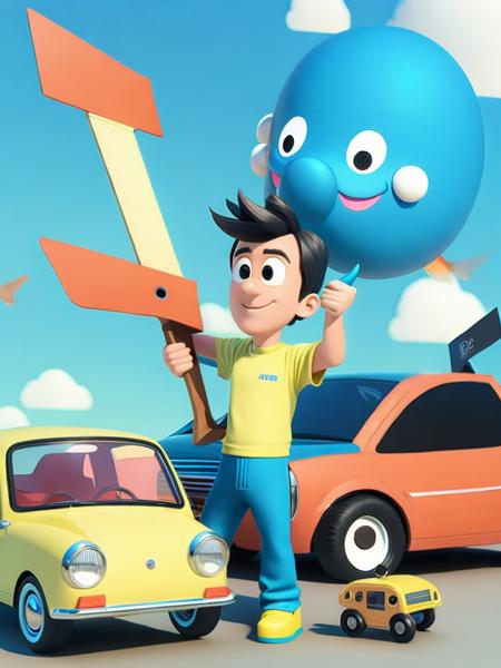 <lora:AardmanAnimations:1>a cartoon character holding a large saw next to a small toy car with a dog on top of it by Aardman Animations