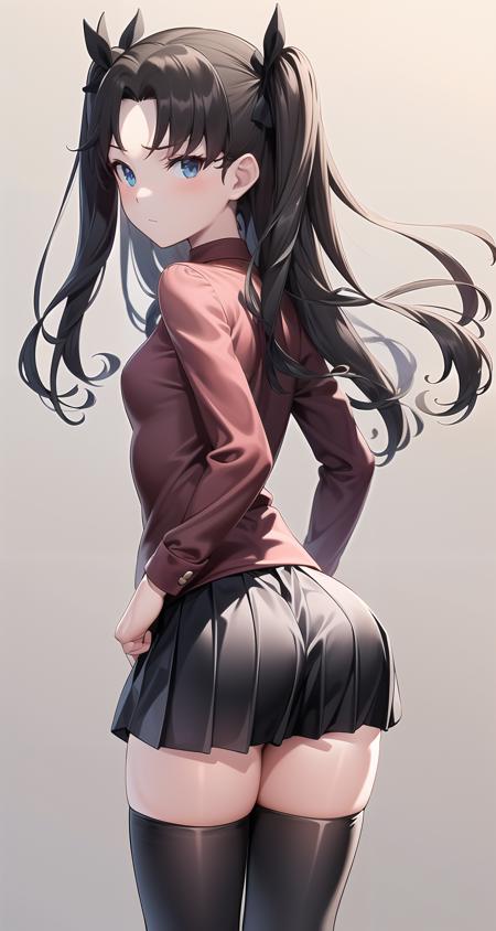 masterpiece, best quality, <lora:Rin_4464:1>, tohsaka rin, black hair, blue eyes, thighhighs, skirt, black thighhighs, looking back, two side up, ass, looking at viewer, from behind, black skirt, zettai ryouiki, long sleeves, pleated skirt, ribbon, red shirt, hair ribbon