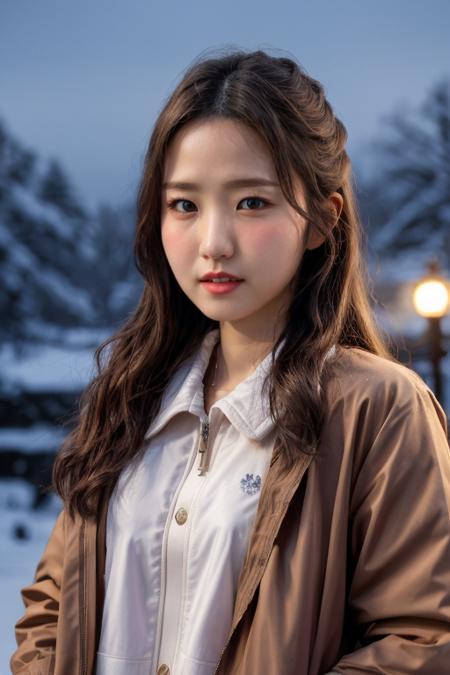 masterpiece, best quality, ultra-detailed, ultra high res, (photorealistic:1.4), raw photo, (realistic:0.2), CG, 8k HDR, perfect lighting, 1girl, solo, looking at viewer, (winter clothes, padded jacket), outdoor, (snow, snowflakes), night, aurora sky, upper body, lower body, asymmetrical wavy long hair, (detailed oily skin), (detailed face), (detailed background :1.1), hands in pocket,