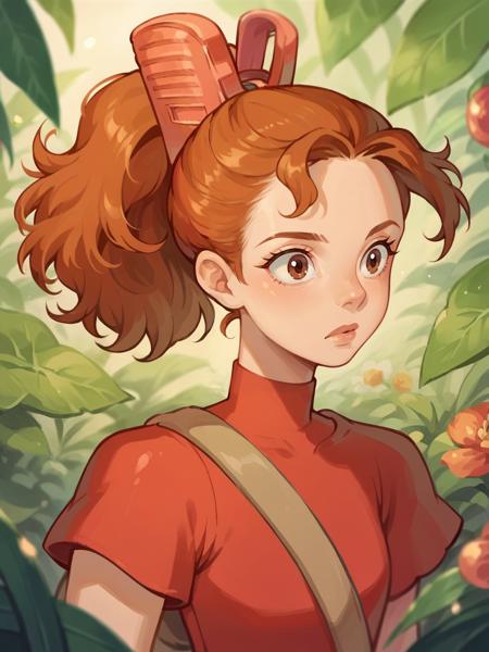 arrietty, 1girl, orange hair, solo, ponytail, red dress, brown eyes, minigirl,