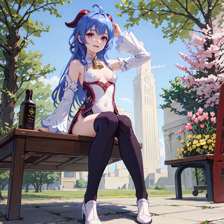 <lora:GanyuGenshin-000014:0.4>,ganyu_genshin, 1 girl,(smile:1.1) (full body:1.5), (sitting on the bench:1.5),solo,(1 girl in the photo:1.5),(alone:1.5),(looking at viewer:1.4),(one hand on the head:1.7),(one hand behind body:1.7),cow horn head ornament, blue hair, a bell on the chest, bare shoulders, blue and white sleeves,(beautiful detailed purple eyes), black one-piece tight-fitting gymnastic wear, o-ring legwear, a cloth in front of stomach, white high heels, (from below:1.3),small breasts,outdoors,park,lawn,station,flowers,