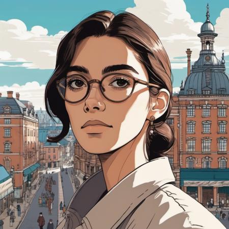 Studio ghibli style illustration of the face of a woman looking at the viewer with a victorian city square in the background,  cixmllo,   <lora:cimello_juggerX_xl_1_wocap_merger_71_100_03_07-cixmllo:1>