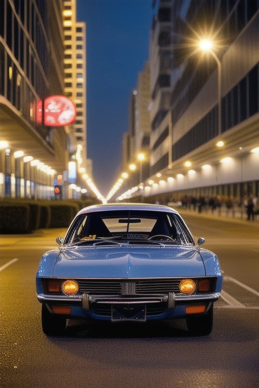 The racing car on the street, night lights, 1970, midnight, megapolis