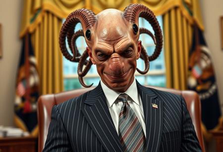 president cthulu in a sharp pin striped suit posing for presidential portrait in the oval office, real photograph