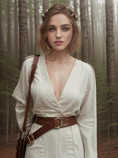 (8k, best quality, masterpiece),(best quality), (ultra highres),action pose, a beautiful woman <lora:Teagan:0.8>, beautiful eyes, detailed iris, short brown hair, full body portrait, small breasts, wearing white jedi robes with leather belt, star wars, forest endor background, modelshoot style, intricate, elegant, skin details, realism, (hyperrealism), (cinematic), (hyperdetailed), hdr