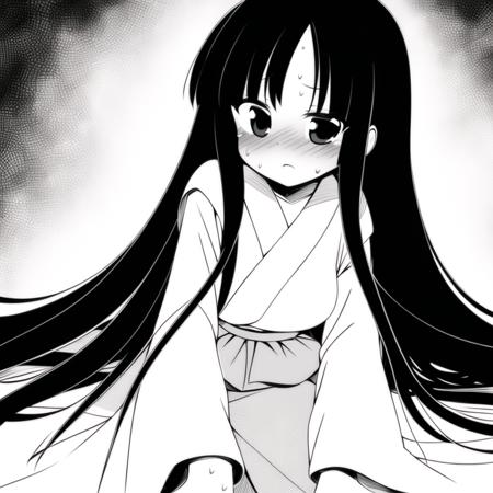 monochrome, greyscale, 1girl, underwear, houraisan kaguya, long hair, black hair, blush, lying,  solo focus, skirt, wide sleeves, shirt, very long hair, sweat, breasts, long sleeves,  hime cut, look at viewer, <lora:tomoki:0.8>