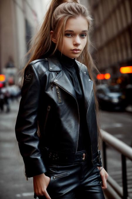 <lora:MilenaAngel_v1.0:1.25> 
portrait by Chuck Close, 1girl, solo, rule of thirds, perfect compostion, detailed hair and ears, 
Sleek, edgy fashion model. Strutting the streets of 2010 New York in a black leather ensemble. Form-fitting pants, moto jacket, and ankle boots exuding fierce confidence. The outfit oozes rebellion, sophistication, and urban chic.
close-up shots of faces, highly detailed, natural lighting, digital painting, <lora:add_detail:1>