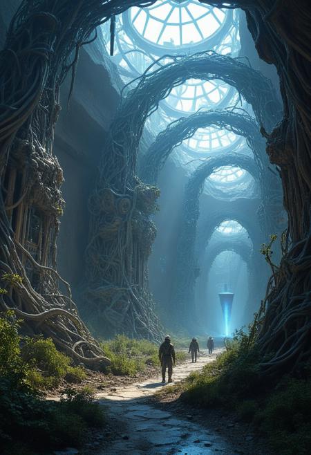 steel-vine monastery with nanite-swarm light sources, Industrial carbon-fiber grids, diamond-ice galleries in crystal-mesa badlands, Psionic mind-hive hives style,Landscape Biomechanical Baroque, atmospheric effects