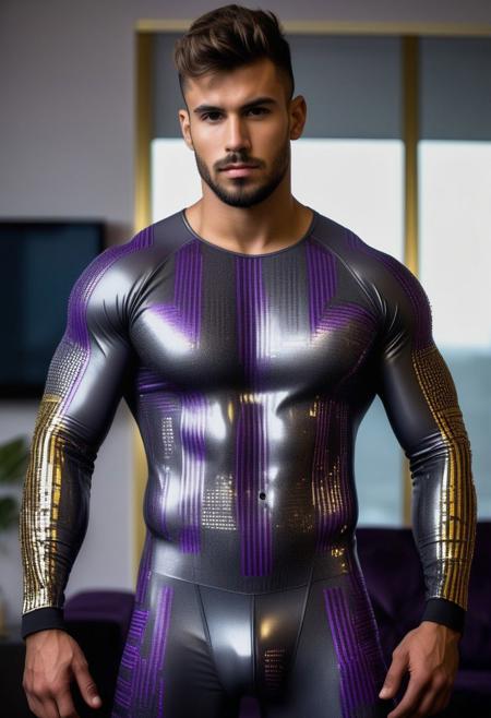 a strong 24-year-old spanish hunk bodybuilder male, with a fringe up hairstyle, detailed face, mindless expression,  wearing a skin tight dark-gray rubber catsuit with gold and purple electronics circuits patterns, wearing a rubber jockstrap, on a modern living room, standing at attention pose, full body visible, looking at viewer, portrait, photography, detailed skin, detailed rubber texture, realistic, photo-realistic, 8k, highly detailed, full length frame, High detail RAW color art, diffused soft lighting, shallow depth of field, sharp focus, hyperrealism, cinematic lighting