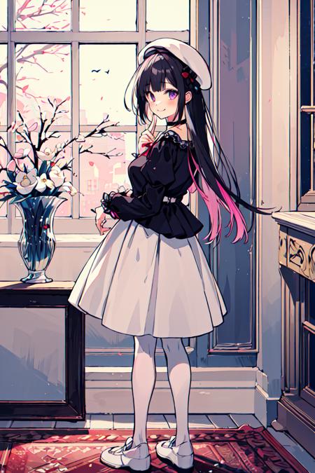 masterpiece, best quality, ultra-detailed, <lora:Oshioshio:0.8>1girl, solo, pantyhose, black hair, long hair, holding, white footwear, looking at viewer, full body, flower, dress, black pantyhose, hat, long sleeves, bangs, standing, choker, closed mouth, white flower, white dress, purple eyes, bird, shoes, collarbone, skirt, black headwear, petals, puffy sleeves, smile, buttons, black shirt, holding flower, picture frame, beret, multicolored hair, fingernails, pink eyes, ribbon,Hands behind your back