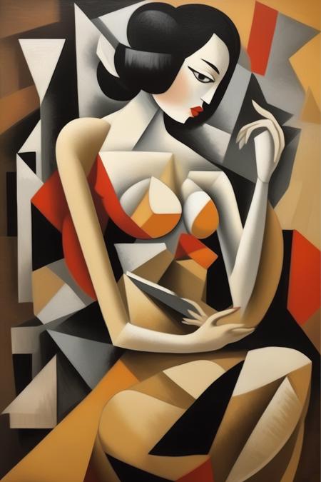 <lora:Jean Metzinger Style:1>Jean Metzinger Style - Immerse yourself in an artistic exploration that fuses the innovative spirit of Cubism with the captivating presence of an Asian female figure sitting on a rock. Create a three-dimensional artwork that defies conventional norms of representation, embracing the fragmented and multidimensional qualities of Cubist aesthetics. Draw inspiration from artists like Georges Braque and Fernand Lger, who challenged traditional perspectives in their works. Utilize 3D techniques to bring depth and realism to the figure and the rock, allowing them to emerge from the artwork with a tangible presence. Experiment with a color palette that reflects the cultural diversity of Asia, incorporating vibrant and nuanced tones that capture the essence of the region's rich heritage. Craft the composition to emphasize the interaction between the figure and the rock, using geometric forms and intersecting planes to evoke a sense of movement and energy. Let the artwork become a celebration of cultural fusion and artistic innovation, capturing the beauty and complexity of the Asian female figure through the lens of Cubist experimentation.