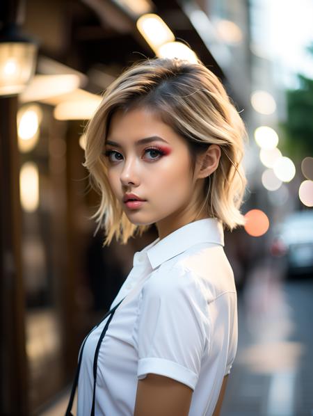 BJ_Street-photo,1girl,solo,looking_at_viewer,blonde_hair,shirt,upper_body,solo_focus,collared_shirt,blurry,lips,depth_of_field,blurry_background,realistic,
cinematic lighting,strong contrast,high level of detail,Best quality,masterpiece,White background,