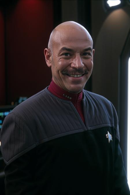 bald man with a big mustache in black and red ds9st uniform smiling,dsnstation, 8k uhd, dslr, soft lighting, high quality, film grain,masterpiece quality,Fujifilm XT3<lora:DS9_768V12:0.8>