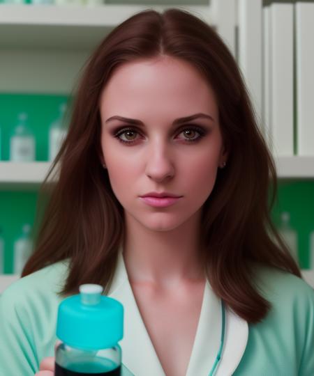 <lora:k3mp3rf1_08SD-000005:1.0>, a (medium shot) photograph of (beautiful 24 year old) (k3mp3rf1 woman:1.1) as a pharmacist,wearing a (seafoam lab coat over her dress:1.2),(holding a large medicine bottle:1.3),standing in a pharmacy with stocked shelves with medicine and drugs,long dark hair,jewelry,(smile:0.7),lips,makeup and eyeshadow,, cinematic photograph, photorealism, realistic lighting,(bokeh),realistic shadows,masterpiece,Award-winning, 8K wallpaper,Hyperrealistic, intricate detailed, subsurface scattering, rule of thirds, detailed pupils, 35mm photograph, detailed skin texture, (blush:0.5), (goosebumps:0.5), subsurface scattering